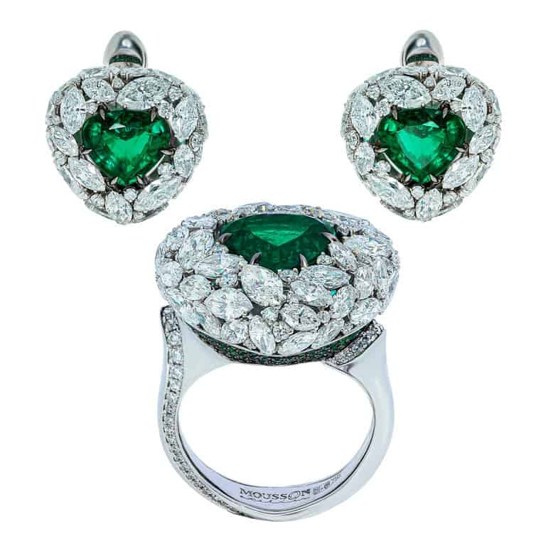 emerald and diamond ring and earring set