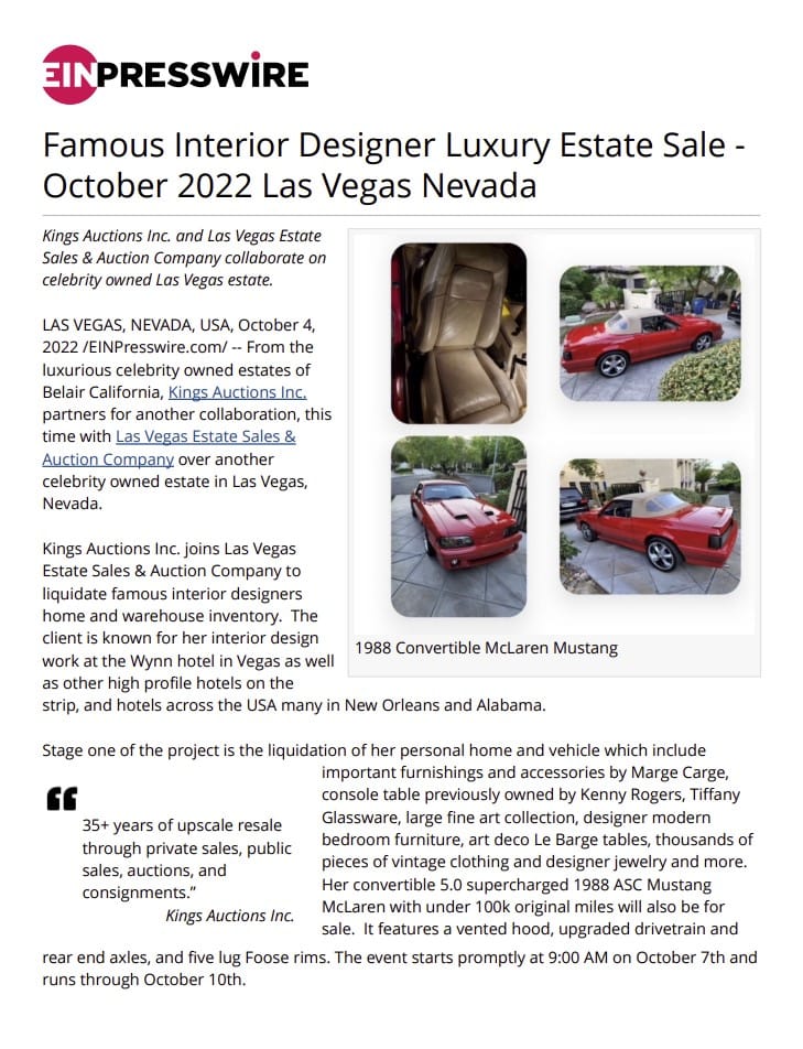 Press release - Luxury estate sale Las Vegas